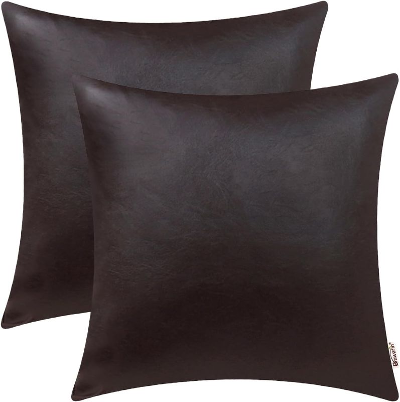 Photo 1 of BRAWARM Faux Leather Throw Pillow Covers 20 X 20 Inches - Seal Brown Leather Pilow Covers Pack of 2, Solid Dyed Leather Pillowcases for Couch Bed Sofa Garden Home Decorative