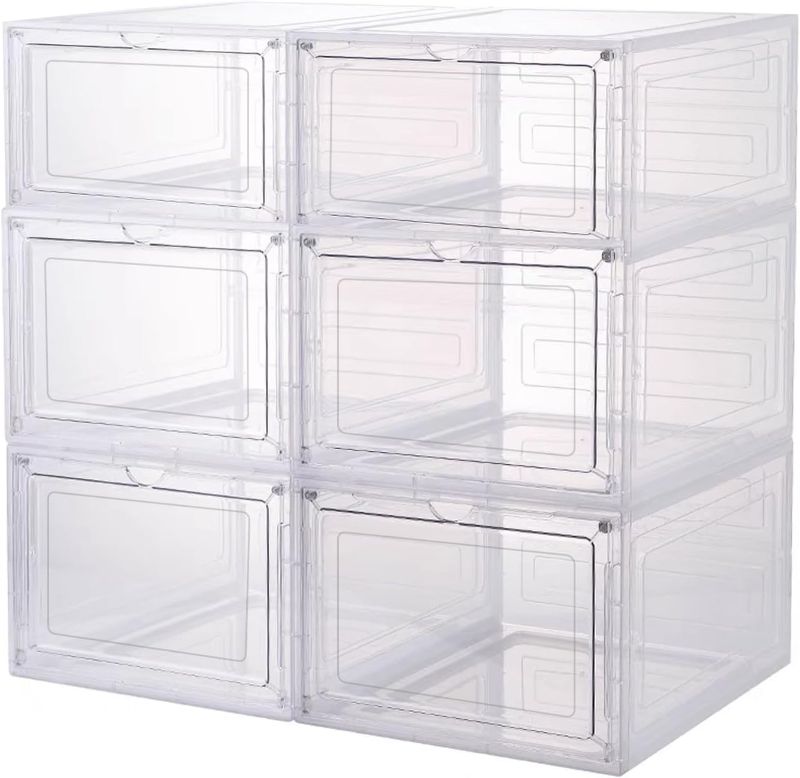 Photo 1 of 6 Stackable Shoe Boxes, Upgraded Sturdy Storage Box with Clear Magnetic Door, Multifunctional Sneaker Storage Box, Fits US Size 12 (13.8"" x 9.84"" x 7.1"")