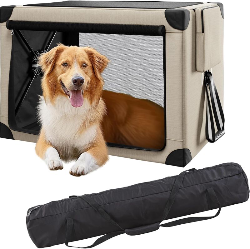 Photo 1 of Collapsible Dog Crate - 37 Inch Portable Dog Travel Crate for Large Dogs, Foldable Dog Crate with Detachable Storage Bag, Removable Pad, and Mesh Windows for Outdoor & Indoor (Beige)