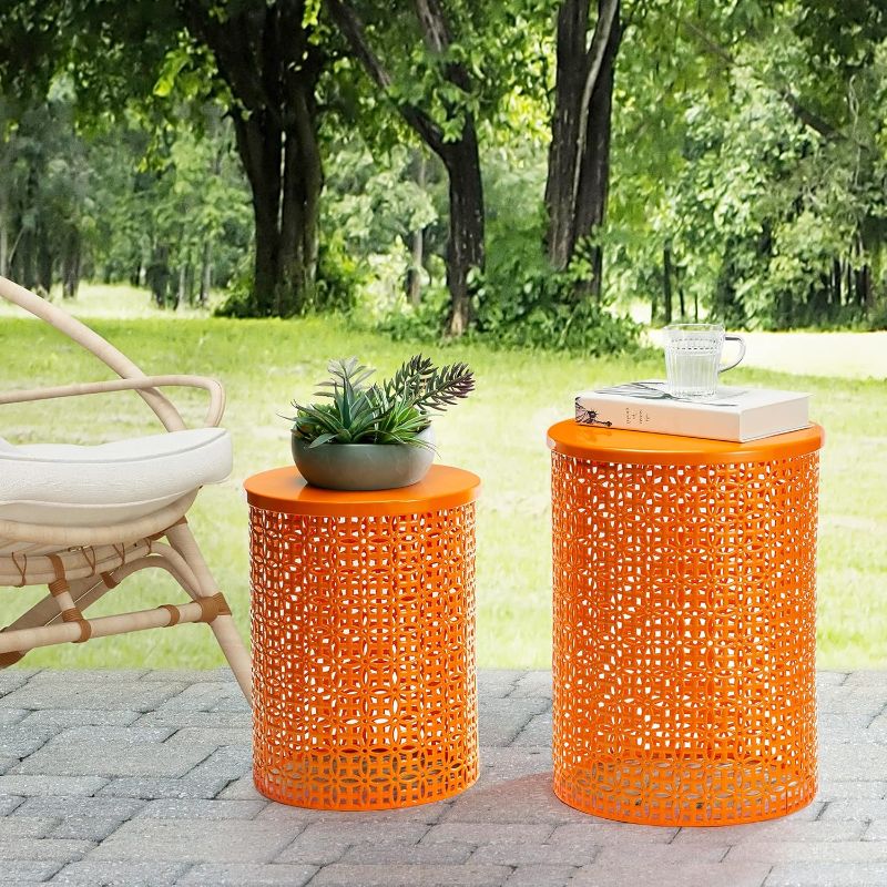 Photo 1 of Glitzhome Outdoor Side Table Set of 2, Decorative Garden Stool for Indoor Outdoor Heavy Duty Metal Frame Accent Table Modern End Table, Glossy Orange
