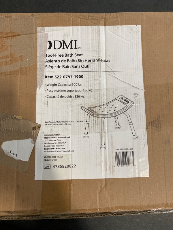 Photo 1 of DMI Shower Chair Bath Seat for Tub or Shower Bench for Inside Shower, Made of Non Slip Aluminum with Plastic Seat, No Tools Needed, Adjustable Height, Holds Weight up to 300 Pounds, Bath Bench, White