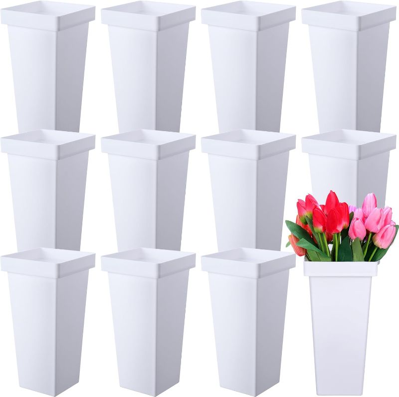 Photo 1 of 12 Pcs Flower Buckets 13.4 Inch Plastic Floral Bucket for Cut Flowers Modern Square Vases for Centerpieces Display Decorative Plastic Vases for Table Home Wedding Decorations (White)