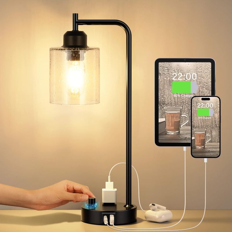 Photo 1 of Industrial Bedside Table Lamp for Bedroom - Nightstand Lamps with USB C Charging Port, Fully Dimmable Black Ports and Outlets, Small Desk Glass Shade Office Living Room