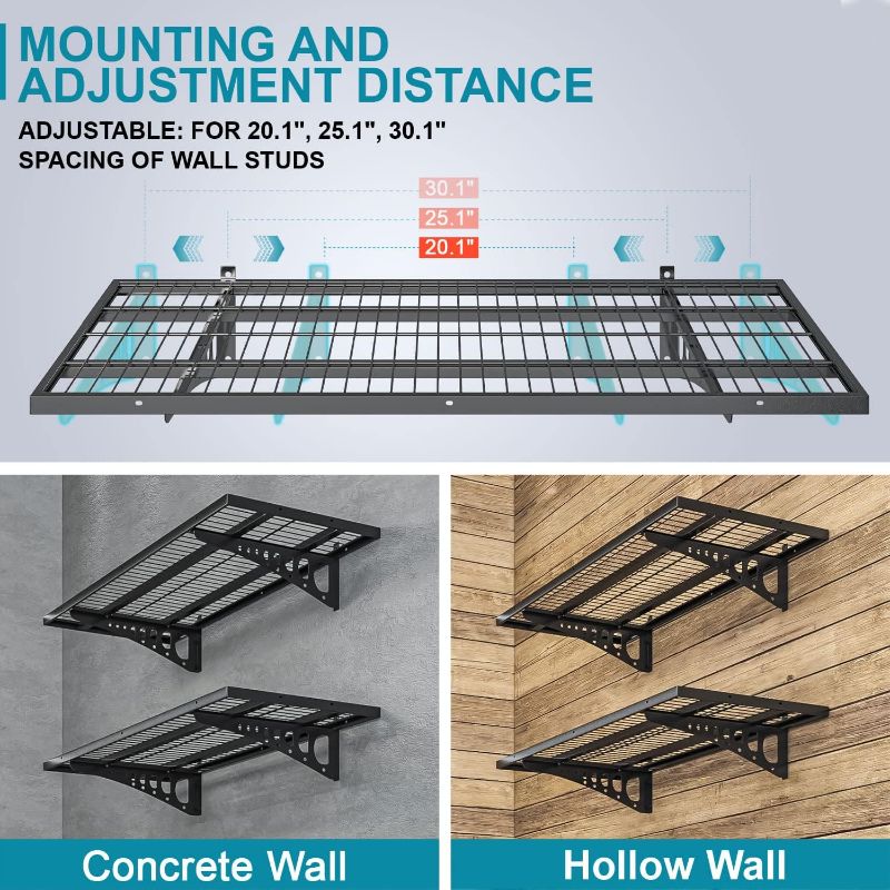 Photo 2 of Garage Storage Shelving Wall Mounted, 4 Pack 1.5x3.8ft, Loads 1000 lbs Heavy Duty Sturdy Shelves, Strong Garage Organiser, Storage Racks Units, Black Metal Floating Adjustable Wall System Shelf