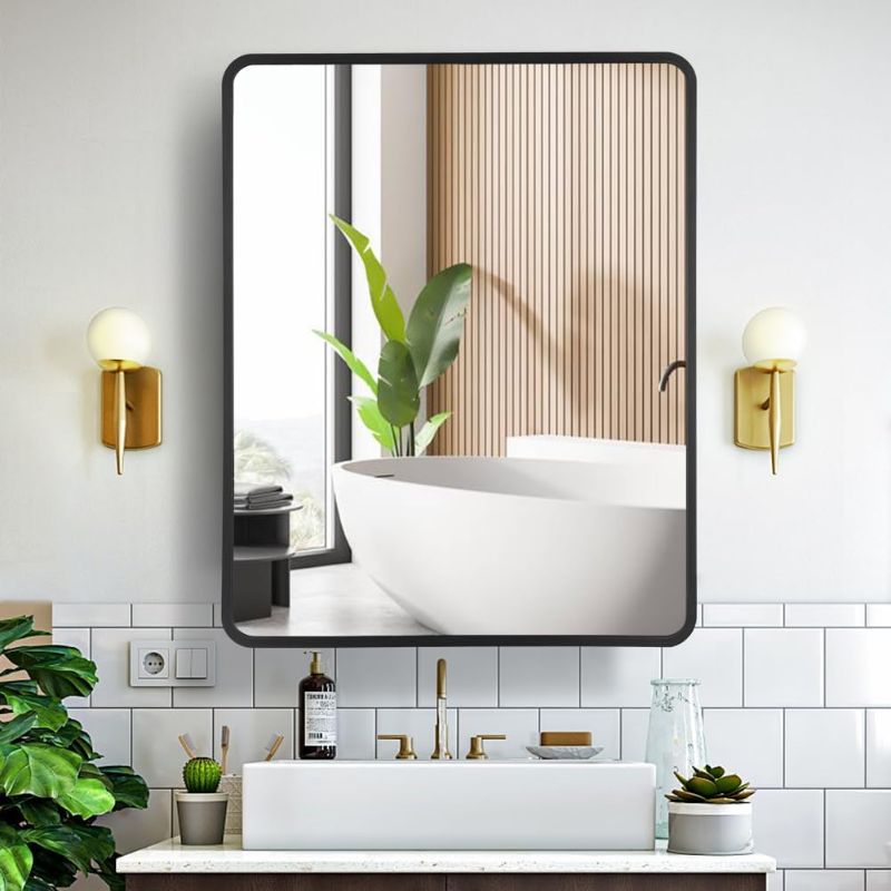 Photo 1 of Movo 24 Inch x 30 Inch Black Metal Framed Bathroom Mirror Medicine Cabinet Rectangle Tilting Beveled Vanity Mirrors Recess or Surface Mount Installation