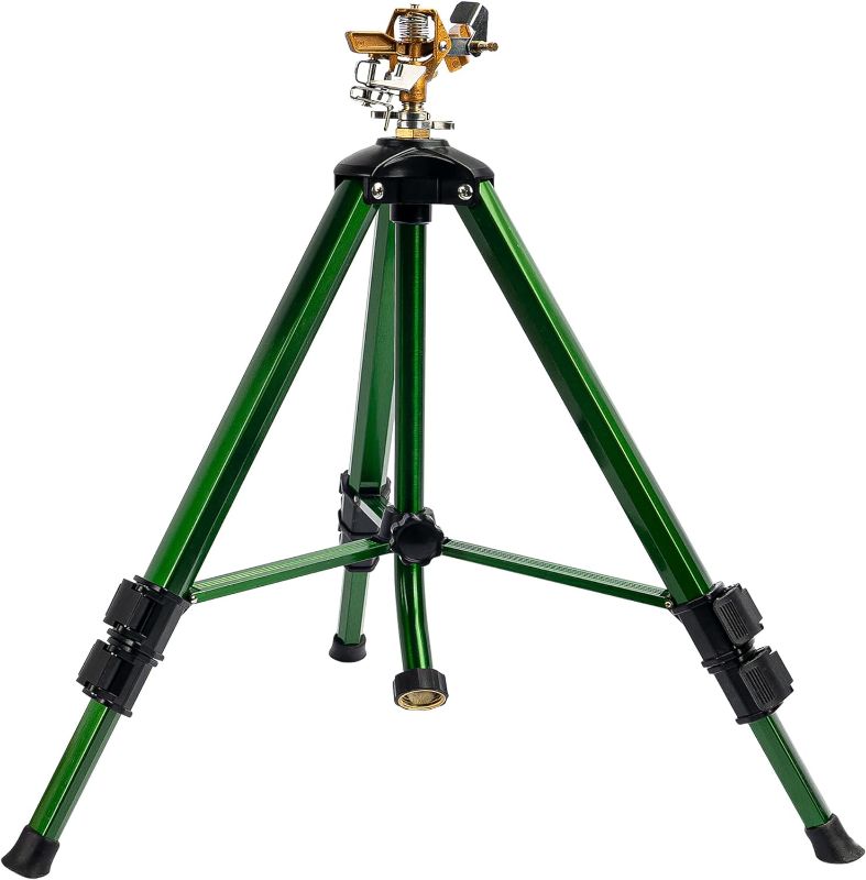 Photo 1 of Hourleey Impact Sprinkler on Tripod Base, Heavy Duty Brass Sprinklers for Yard Lawn Garden, 0-360 Degree Large Area Coverage, 3/4 Inch Connector Extension Legs Flip Locks with Brass Sprinkler Head