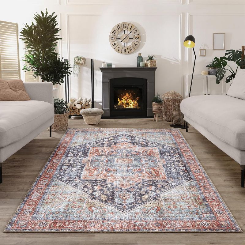 Photo 1 of Bloom Rugs Washable Non-Slip 5' x 7' Rug - Terracotta/Blue Traditional Medallion Area Rug for Living Room, Bedroom, Dining Room, and Kitchen - Exact Size: 5' x 7'