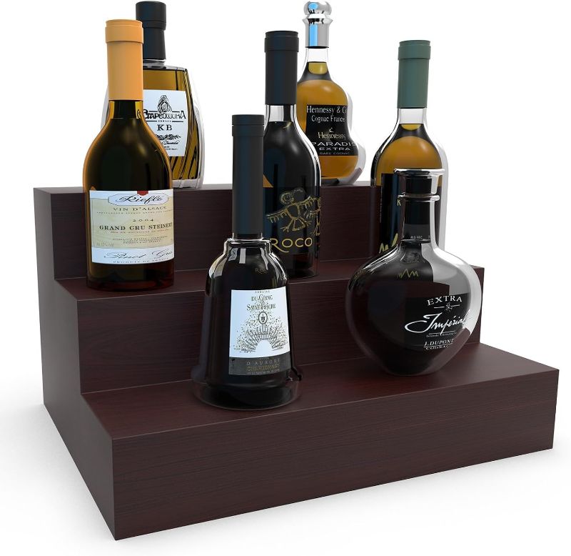 Photo 1 of Bar Bottle Display Shelf, 3 Tier 16 Inch Bar Stand for Liquor, Wooden Liquor Bottle Display Shelf 15 Bottles for Whiskey Wine Coffee Syrup Water Bottle Display