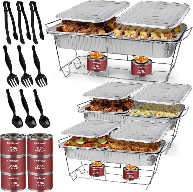 Photo 1 of Disposable Chafing Dish Buffet Set, 33 Piece of Chafing Servers with Food Warmers, Covers, Half-Size Food Pans, Water Trays, Serving Utensils, Foil Lids and 2.5H Fuel Cans for Parties, Catering