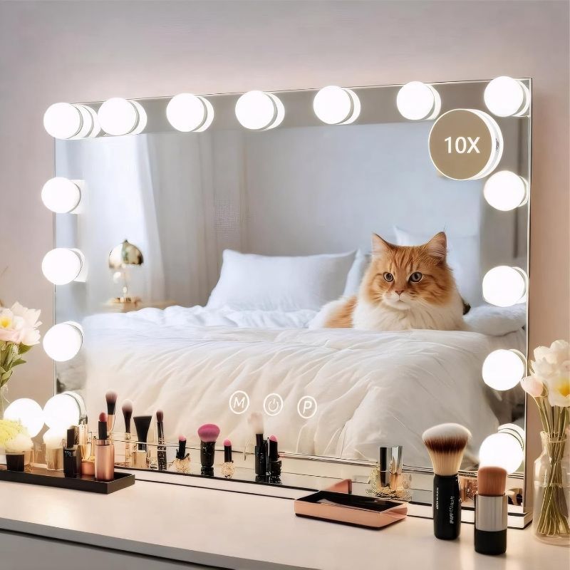 Photo 1 of Vanity Mirror with Lights 22" x 18" Large Makeup Mirror Hollywood Mirror with 15 Dimmable LED Bulbs 3 Color Modes 10X Magnification & USB Charging Port Mirror for Wall-Mounted or Tabletop