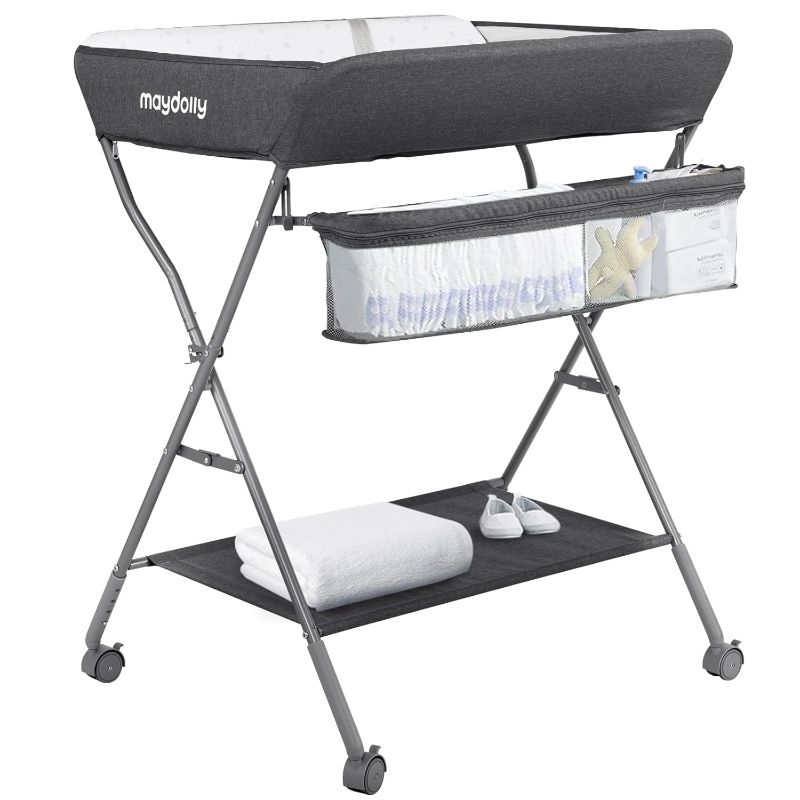 Photo 1 of Baby Changing Table with Wheels, Maydolly Portable Adjustable Height Folding Diaper Station with Nursery Organizer & Storage Rack for Newborn Baby and Infant (Dark Grey)