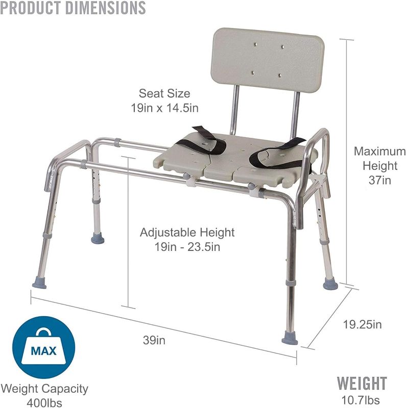 Photo 2 of DMI Tub Transfer Bench and Shower Chair with Non Slip Aluminum Body, FSA Eligible, Adjustable Seat Height and Cut Out Access, Holds Weight up to 400 Lbs, Bath and Shower Safety, Transfer Bench