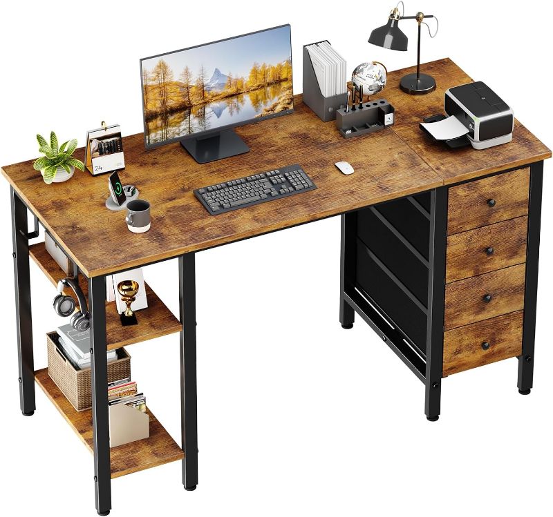 Photo 1 of Lufeiya 47 inch Computer Desk with 4 Drawers & Storage Shelves, Writing Work Study Desk for Home Office Bedroom, Modern Simple Student PC Desks Table, Rustic Brown