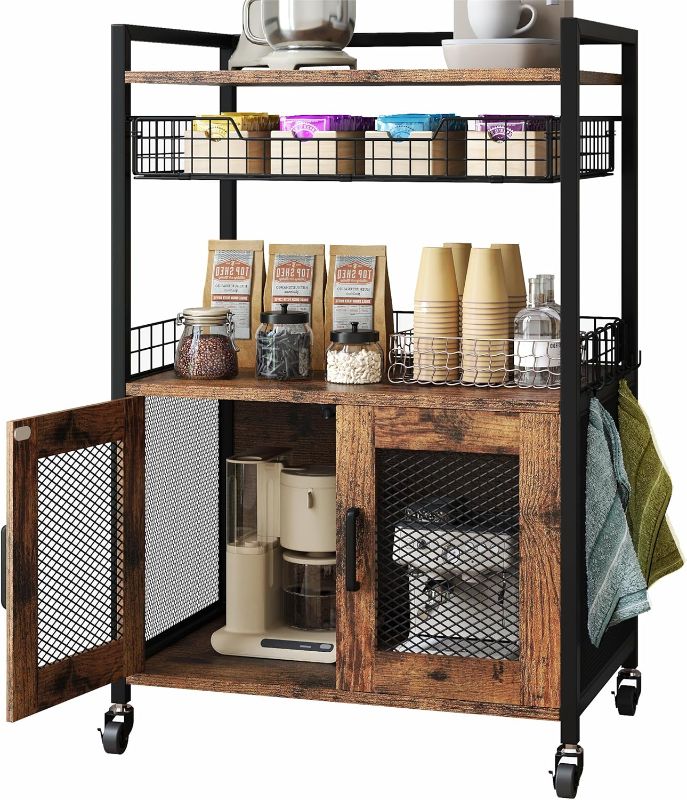 Photo 1 of Coffee Bar Cabinet, 3 Tier Coffee Station Table on Wheels, 35.9" H Bar Cart with Wire Basket Drawer & 5 Hooks for Home Kitchen, Liquor Buffet Sideboard Cabinet (Rustic Brown)