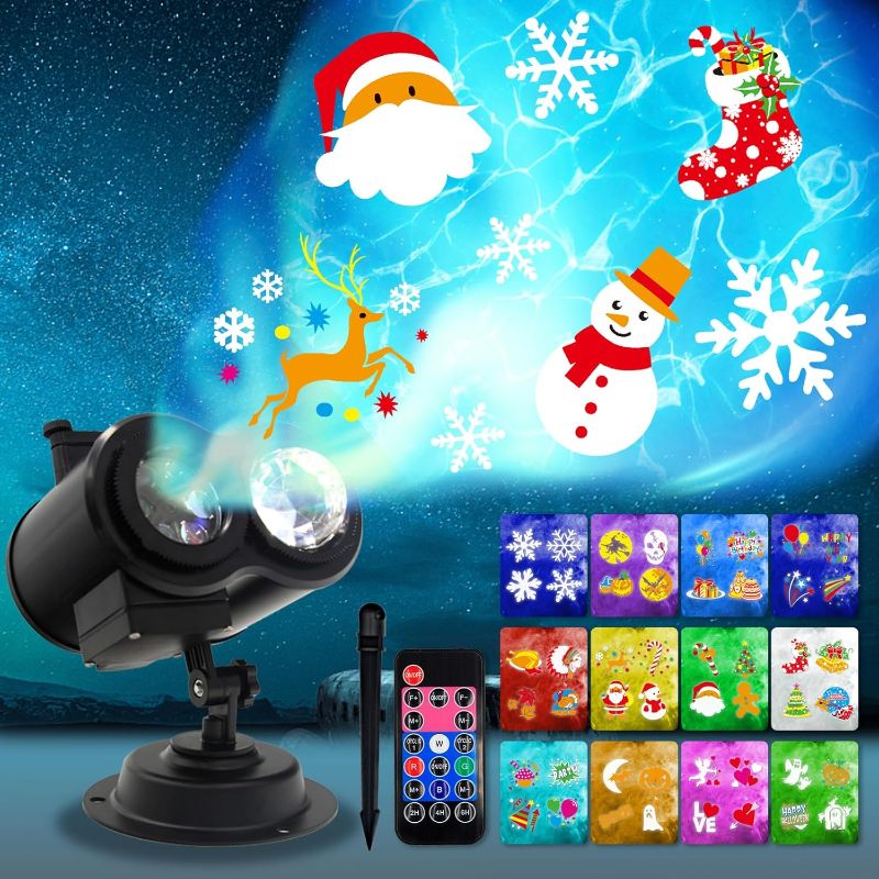 Photo 1 of JOY SPOT! Christmas Decorations Projector Lights, Moving Patterns Landscape Lights with Remote Control, Waterproof Ocean Wave LED for Party, Thanksgiving, Easter, New Year (18 Slides 10 Colors)