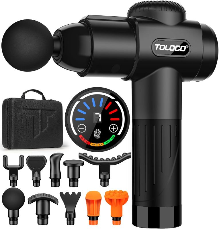 Photo 1 of TOLOCO Massage Gun, Deep Tissue Back Massage for Athletes for Pain Relief, Percussion Massager with 10 Massages Heads & Silent Brushless Motor, Black