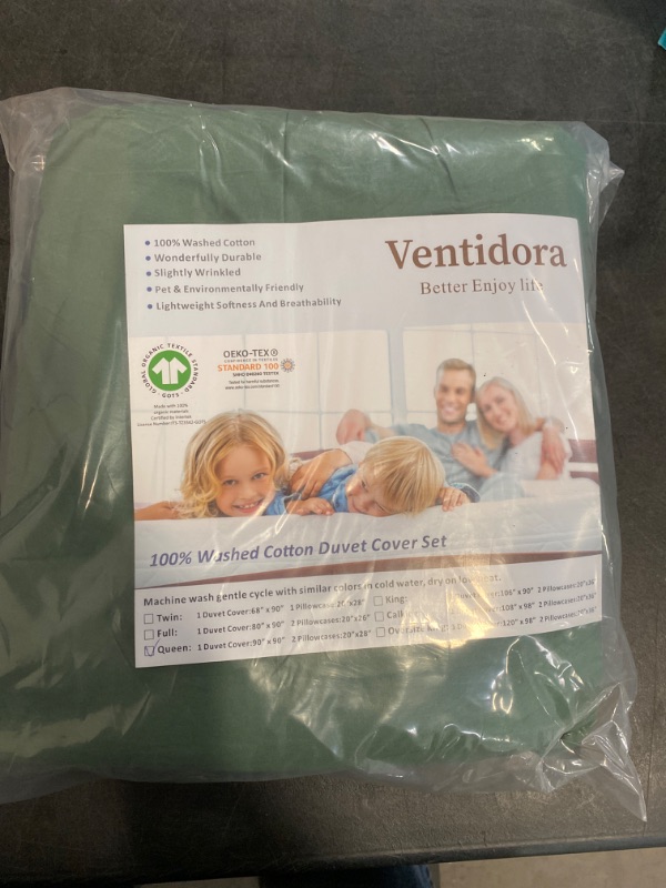 Photo 2 of Ventidora Green 3 Piece Duvet Cover Set Queen Size,100% Organic Washed Cotton Linen Feel Like Textured, Luxury Soft and Breatheable Bedding Set with Zipper Closure(1 Comforter Cover + 2 Pillowcases)