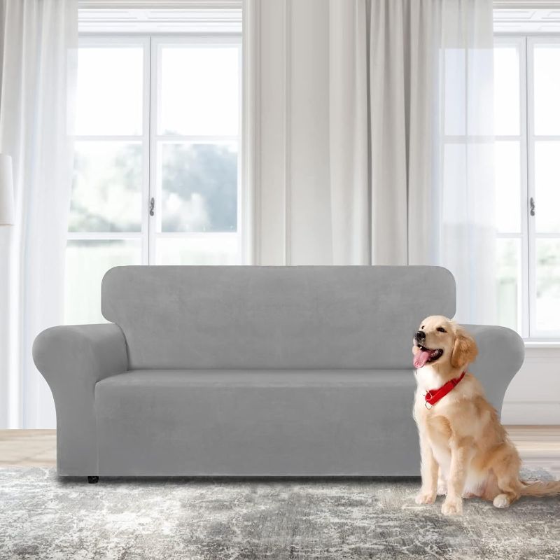 Photo 1 of WEERRW Velvet Couch Cover - High Stretch Sofa Slipcovers with Non Skid Foam and Elastic Bottom, Furniture Protector for Pets, Crafted from Soft Plush Fabric, Grey, Medium