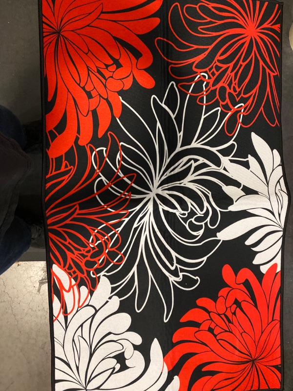 Photo 2 of Black Red Floral Antifatigue Kitchen Bath Door Mat Cushioned Runner Rug, Washable Welcome Floor Sink Mat, Abstract Black Background Waterproof & Non-Slip Comfort Standing Doormat for Kitchen, 18"x30"