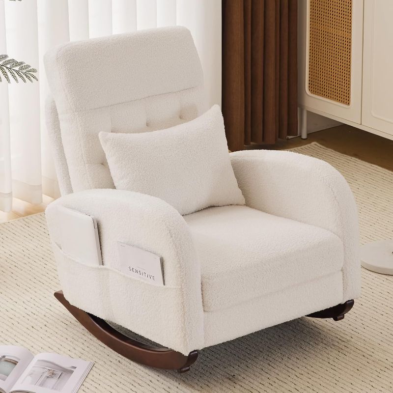 Photo 1 of VINGLI Teddy Fleece Low Seat Rocking Chair,Boucle Upholstered Nursery Glider Chair with Side Pockets,Accent Arm Chair with High Backrest,Comfy Head Rest,Solid Wood,for Living Room, Bedroom,Beige