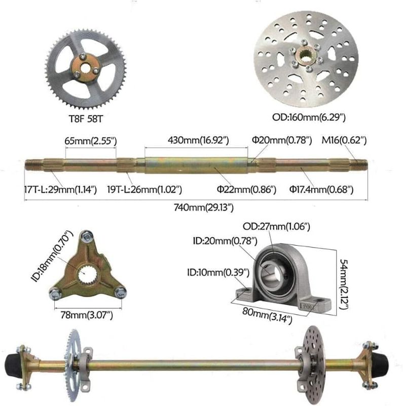 Photo 2 of 740mm Rear Axle Shaft Complete Kit+Brake Assembly Sprocket, for DIY Go Kart ATV Quad Buggy Mini Bike