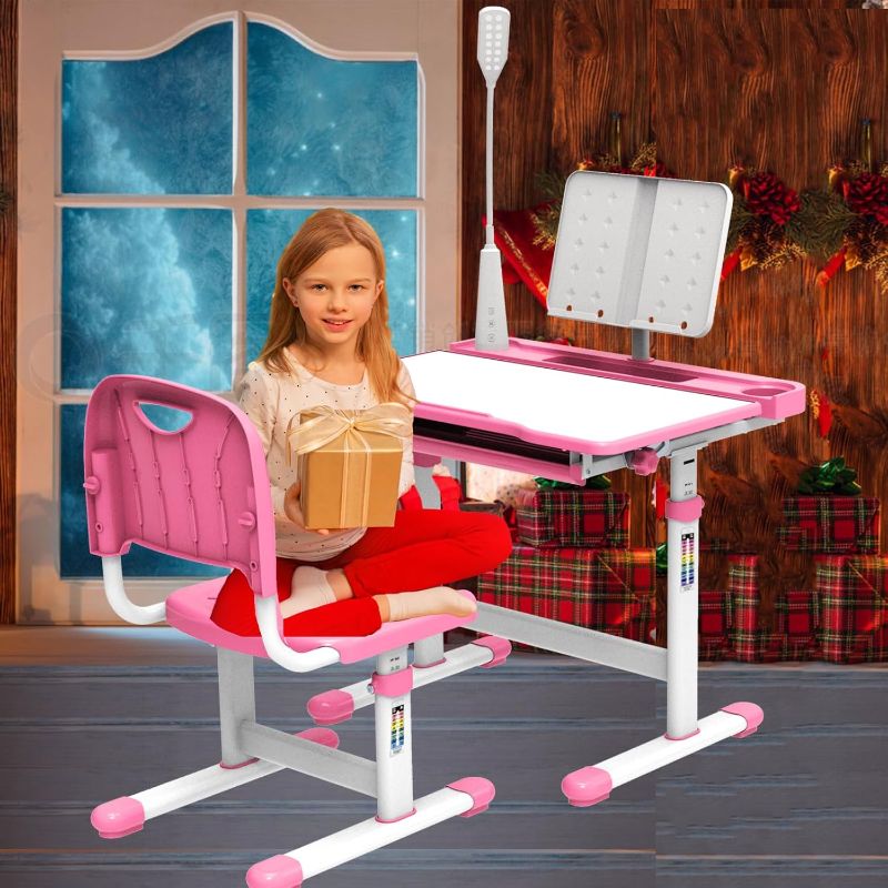 Photo 1 of Kids Desk with LED Light, Height Adjustable Children Desk for 5-8 Years Kids Study Desk with 40 Degree Tiltable Desktop Desk for Kids Birthday,Christmas New Year Gift,Pink