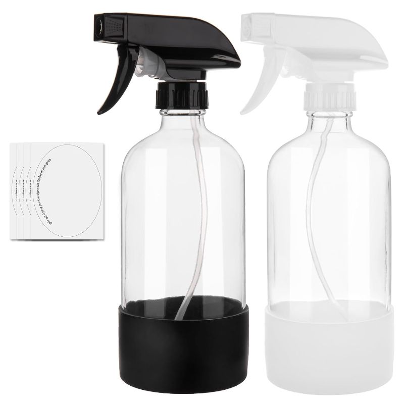 Photo 1 of Glass Spray Bottles for Cleaning Solutions, 16oz Reusable Clear Empty Mist Spray Bottle with Silicone Sleeve for Plants, Essential oils and Hair 2 Pack