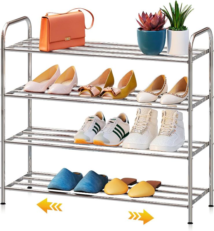 Photo 2 of 4-Tier Expandable Shoe Rack, 100% Stainless Steel, 4-Rod Extendable and Adjustable Feet, Simple Standing, Adjustable Shoe Rack for Entryway, Stair Sides, Closet, Small Space (BLACK)