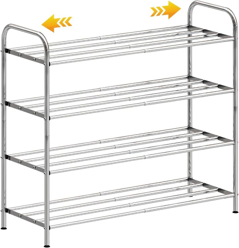 Photo 1 of 4-Tier Expandable Shoe Rack, 100% Stainless Steel, 4-Rod Extendable and Adjustable Feet, Simple Standing, Adjustable Shoe Rack for Entryway, Stair Sides, Closet, Small Space (BLACK)