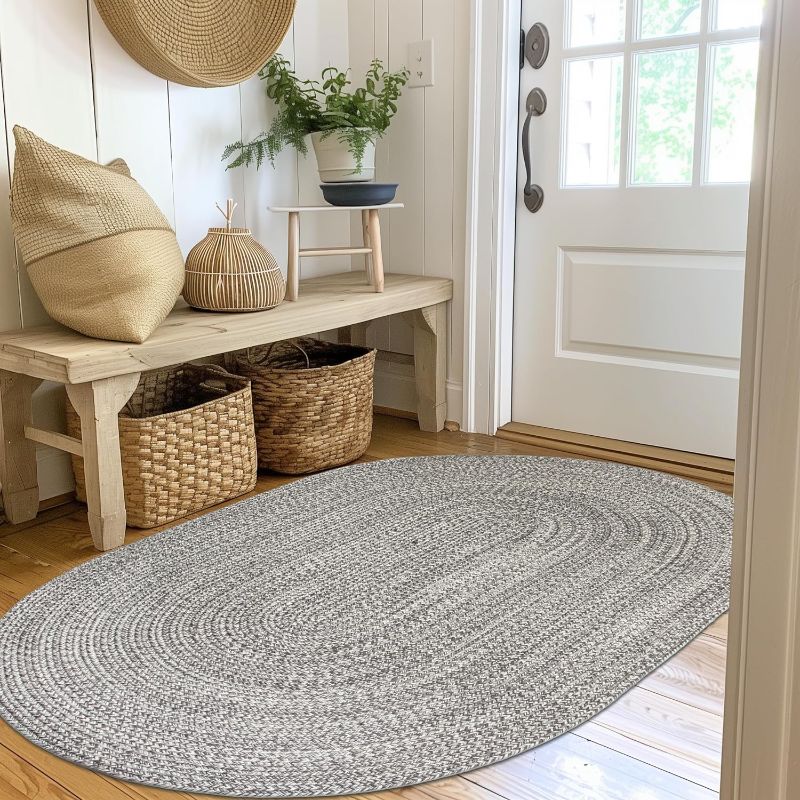 Photo 1 of Super Area Rugs Gray/Ivory Braided Rug - Entryway/Front Door Rug - 3x5 ft Indoor Outdoor Farmhouse Braided Rug