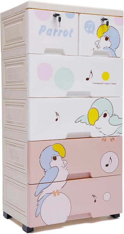 Photo 1 of Dresser Storage Cabinet, 5 Layers & 6 Plastic Drawer w/Lock, Kids Dresser w/Wheel, Multi-Color Rectangular Clothes Cabinet Drawer for Living Rooms, Bedrooms -Parrot Pattern