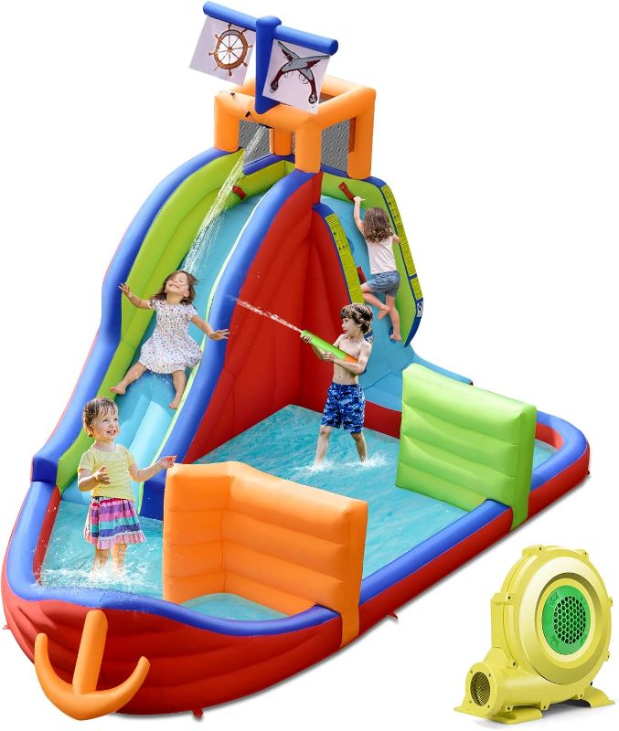 Photo 1 of DORTALA Inflatable Water Slide, Pirate Ship Blow Up Bouncy Castle w/ 3 Water Guns, Splashing Pool, Climbing Wall, Target Balls, Indoor Outdoor Water Park for Kids & Adults (with 735W Air Blower)