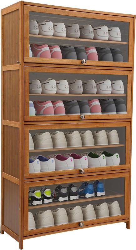 Photo 1 of 9-Tier Bamboo Shoe Organizer Cabinet with Clear Doors,Closet Cabinet Shelf Entryway Shoe Rack Cabinet Shoe Storage Cabinet with Doors for Doorway, Corridor, Balcony, Living Room