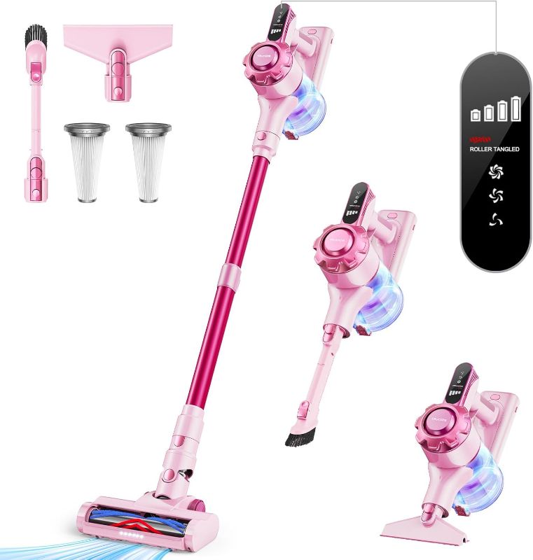 Photo 1 of Cordless Vacuum Cleaner, 8-in-1 Lightweight Stick Vacuum with 45mins Runtime, Powerful Suction, Rechargeable Cordless Vacuum for Carpet, Tile, Pet Hair, Hardwood Floors, Pink