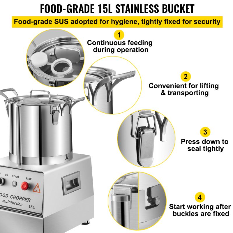 Photo 7 of VEVOR 110V Commercial Food Processor 15L Stainless Steel Grain Grinder 1400W Electric Food Grinder Cutter Mixer Perfect for Meat or Vegetable Stuffing, Fruit or Peanut Jam, Grain Powder