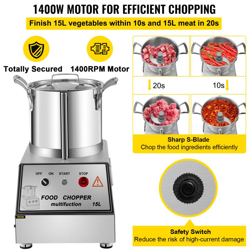 Photo 4 of VEVOR 110V Commercial Food Processor 15L Stainless Steel Grain Grinder 1400W Electric Food Grinder Cutter Mixer Perfect for Meat or Vegetable Stuffing, Fruit or Peanut Jam, Grain Powder