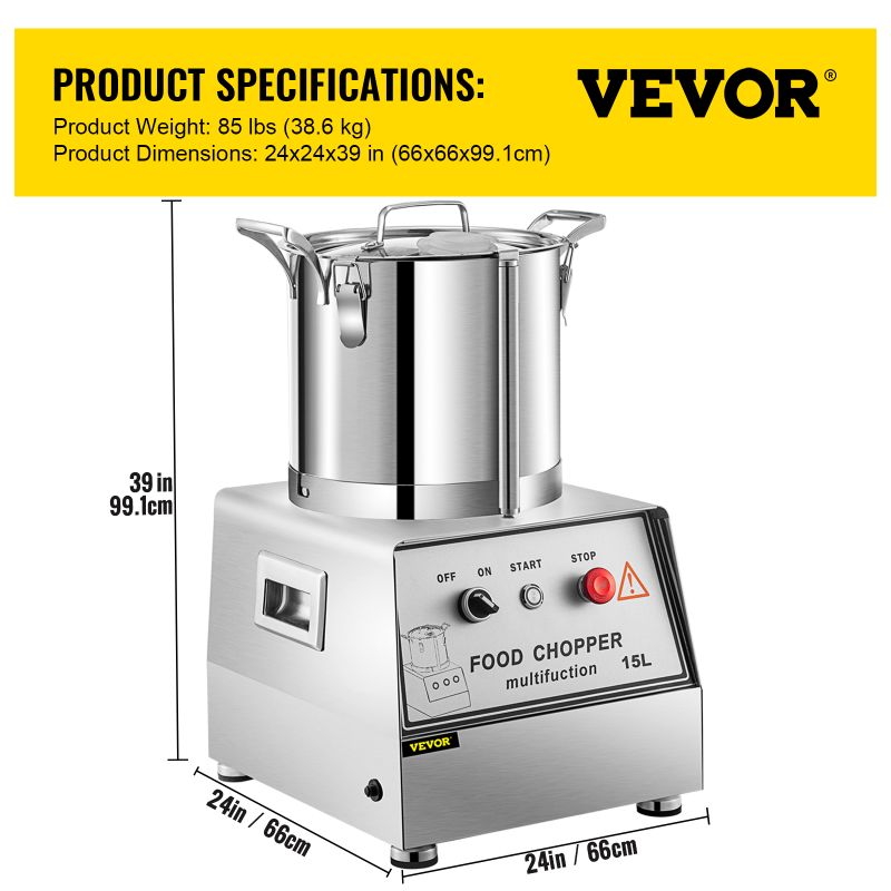 Photo 5 of VEVOR 110V Commercial Food Processor 15L Stainless Steel Grain Grinder 1400W Electric Food Grinder Cutter Mixer Perfect for Meat or Vegetable Stuffing, Fruit or Peanut Jam, Grain Powder