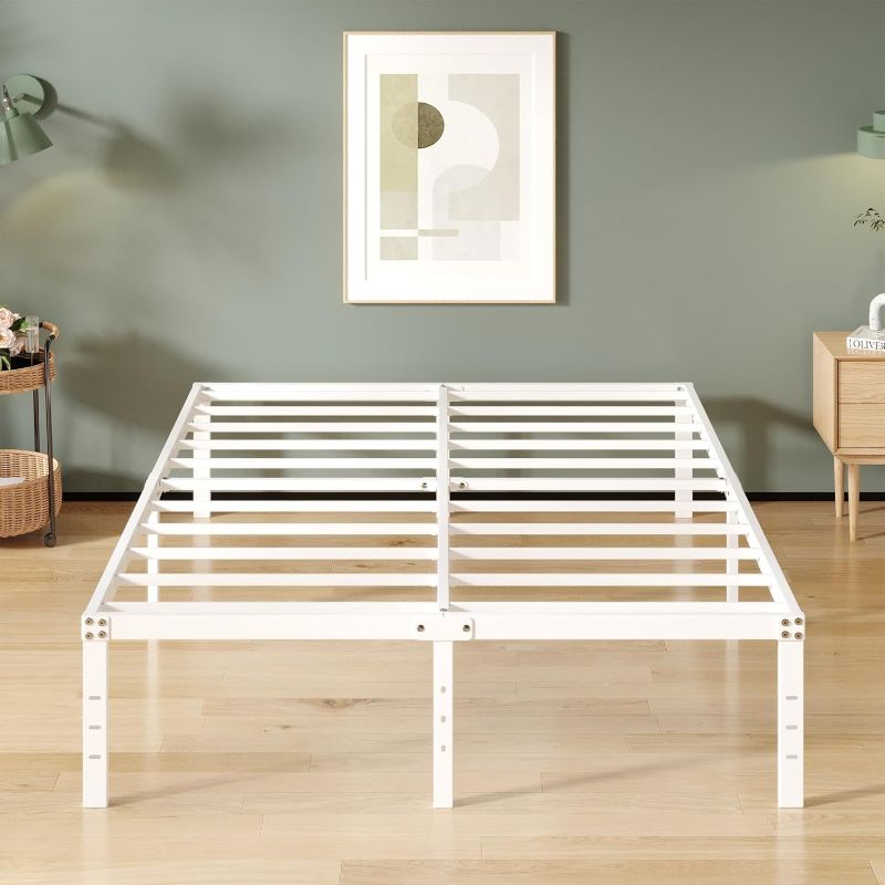 Photo 1 of 16 Inch White Queen Bed Frame No Box Spring Required, Metal Platform Queen Size Bed Frames with High Storage, Eassy Assembly 3,500 lbs Heavy Duty Bedframes