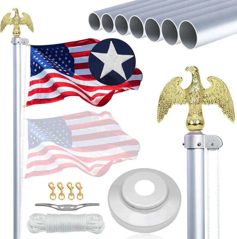 Photo 1 of NQ Flag Pole in Ground for Outside House,14 Gauge Aluminum Flag Pole Kit with Eagle Topper and Flagpole Collar Base, Sectional Flagpole Outdoor with US Flag(Silver)