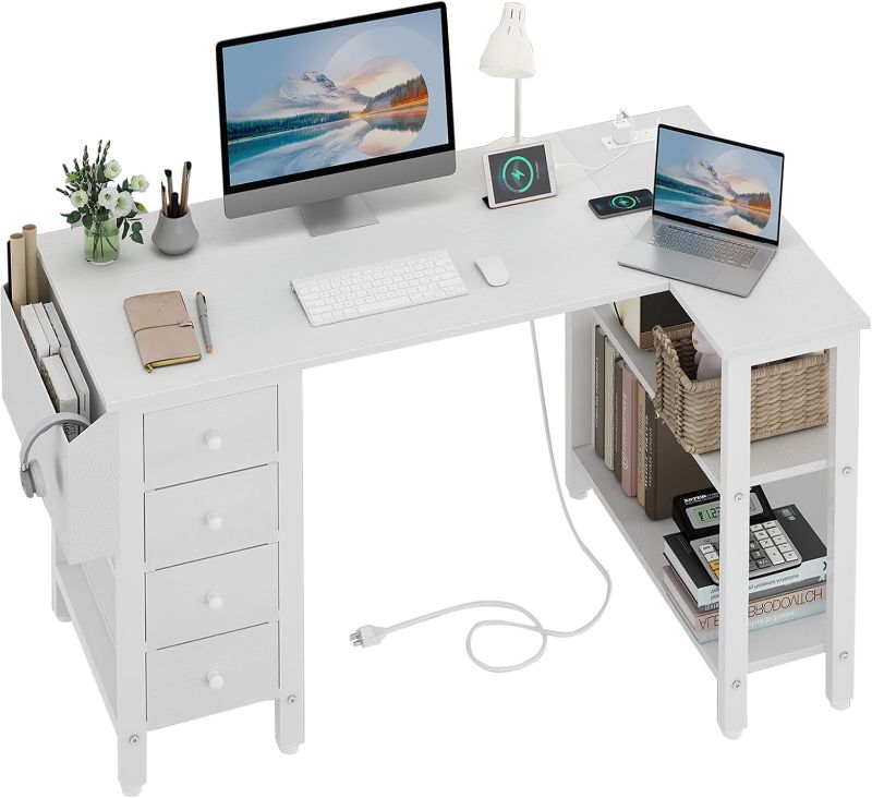 Photo 1 of Lufeiya White L Shaped Computer Desk with Drawers & Storage Shelves, 47 Inch Corner Desk with Power Outlet for Home Office Bedroom, L-Shaped Teen PC Desks with Fabric Drawer, White