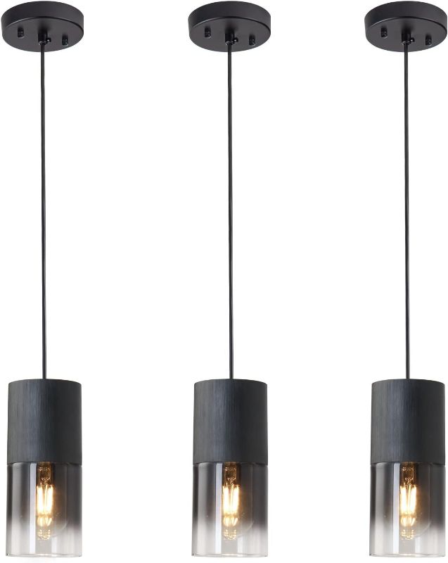 Photo 1 of 3-Pack Black Pendant Light Fixtures, Adjustable Modern Pendant Lights for Kitchen Island, Industrial Glass Pendant Lights for Dining Table Hallway Bedroom Living Room