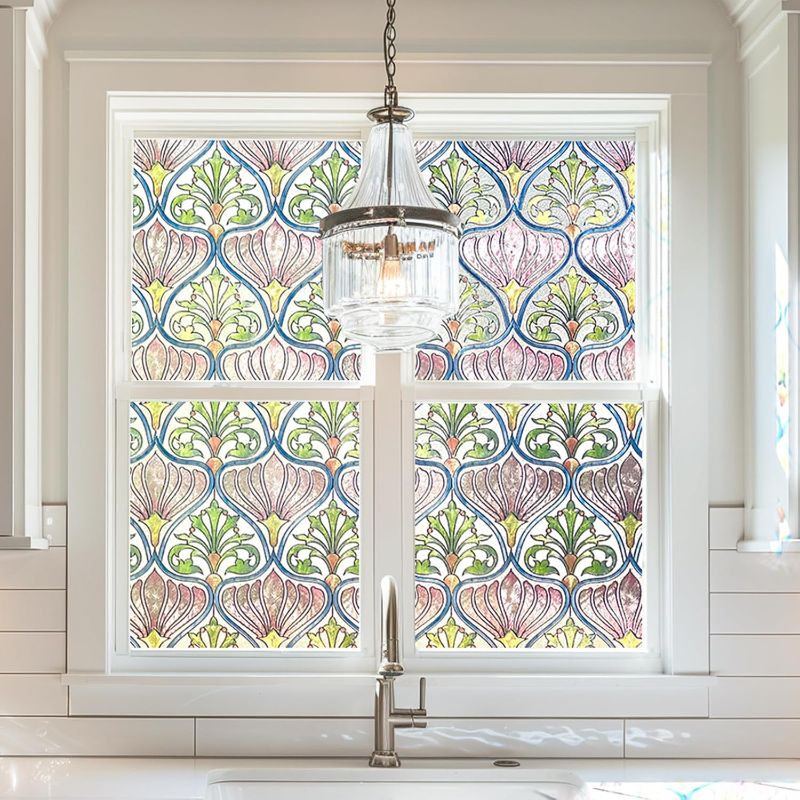 Photo 1 of 3D Stained Glass Window Film, Decorative Window Privacy Film for Bathroom,Front Door,Home, Sun Blocking Heat Control,Static Cling,Daisy, 23.6inch x 35.4inch