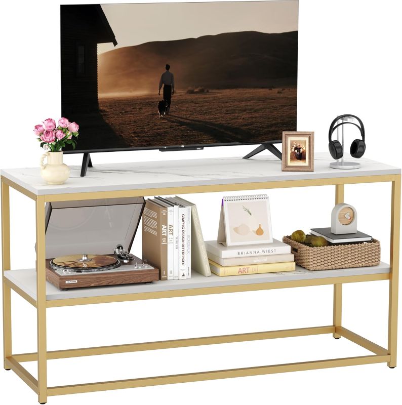 Photo 1 of Function Home TV Stand for TVs up to 50 Inch, 3 Tier Entertainment Center, Modern TV Cabinet with Marble Top and Gold Metal Base, 42" Media Console Table with Storage for Living Room Bedroom