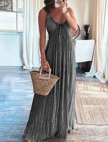 Photo 1 of SIZE SMALL - Summer New Solid Color Sexy Backless U Neck Halter Back Tie Long Dress Drawstring Draping Pump Pleated Elegant Dress