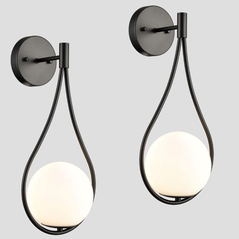 Photo 1 of HOLKIRT Black Wall Sconces Set of Two Mid Century Modern Wall Light Fixtures for Bedroom Living Room Bathroom with White Opal Hand Blown Globe Glass