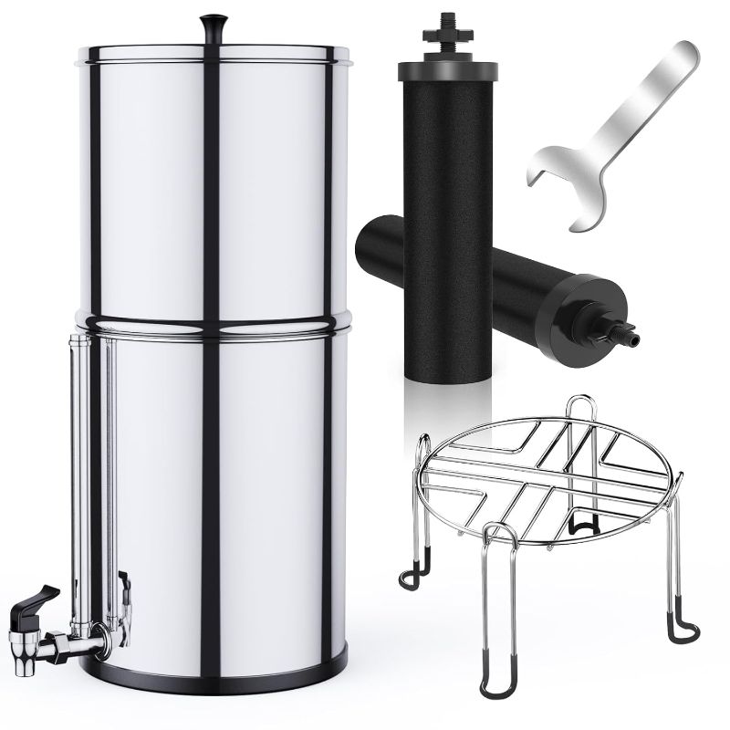 Photo 1 of Gravity-fed Water Filter System, NSF/ANSI 372 Certification, 304 Stainless Steel Water Purifier System with Sight Glass Spigot, 2 Water Filters and Stand, Refreshing Water at Home, Camping,2.25 Gallon