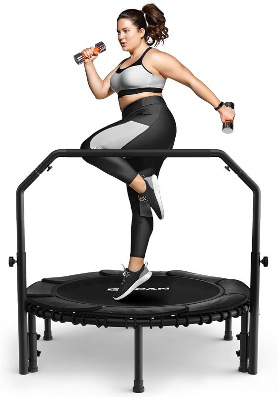 Photo 1 of BCAN 450/550 LBS Foldable Mini Trampoline, 40"/48" Fitness Trampoline with Bungees, U Shape Adjustable Foam Handle, Stable & Quiet Exercise Rebounder for Kids Adults Indoor/Garden Workout