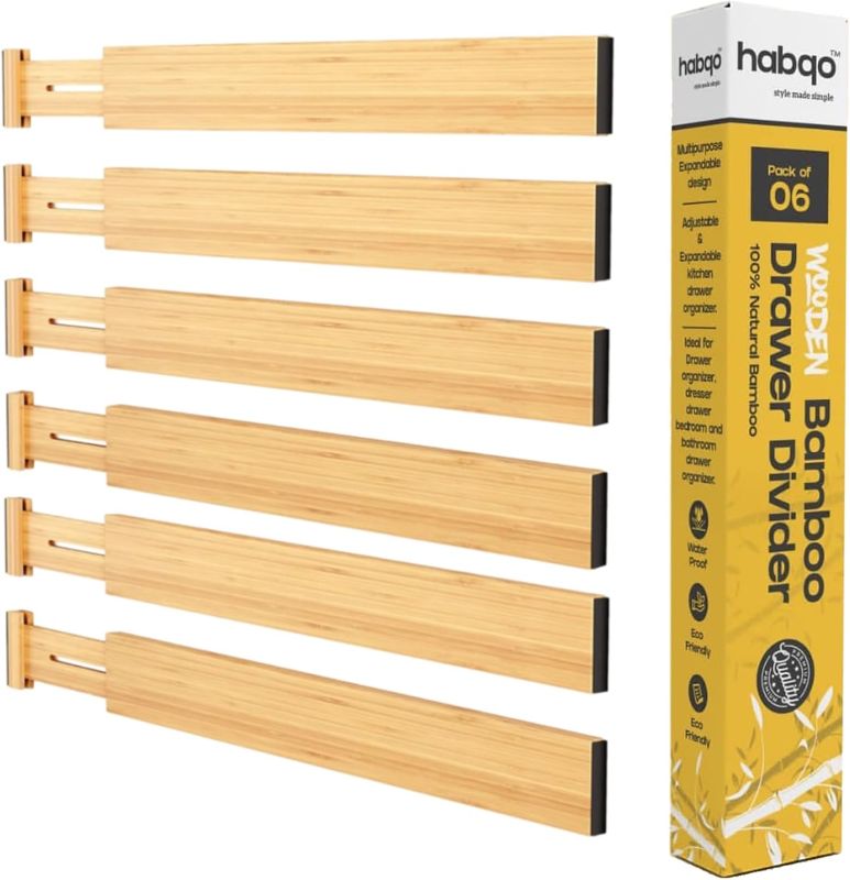 Photo 1 of Bamboo Drawer Divider & Organizers (Pack of 6) - Drawer Separators for Kitchen, Office, Bedroom, Dressers & Bathroom - Spring Loaded Adjustable Drawer Organizers & Splitter