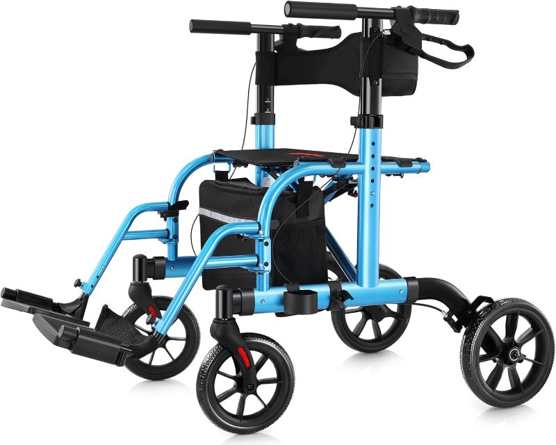 Photo 1 of 2 in 1 Rollator Walker Transport Chair for Seniors, 10” Wheels Medical Rollator for Seniors with Widen Seat Backrest, Detachable & Adjustable Footrests Folding Walker Wheelchair Combo, Blue