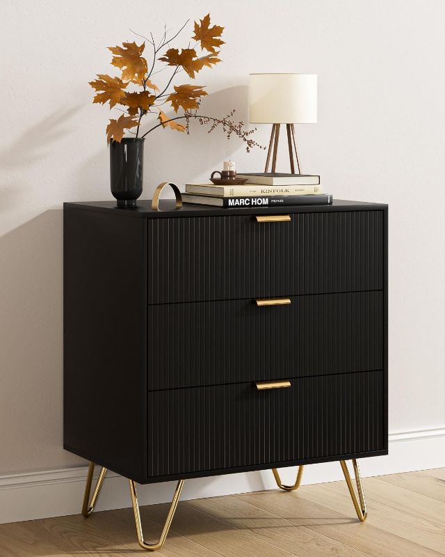 Photo 1 of 3 Drawer Dresser for Bedroom, Modern Closet Dressers Chest of Drawers, Storage Dresser Chest Cabinet Organizer Unit, Small Fluted Dresser for Bedroom (Black Stripe)